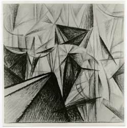 Rayonnist-sävellys (rytminen sävellys), 1915 (hiili paperille)